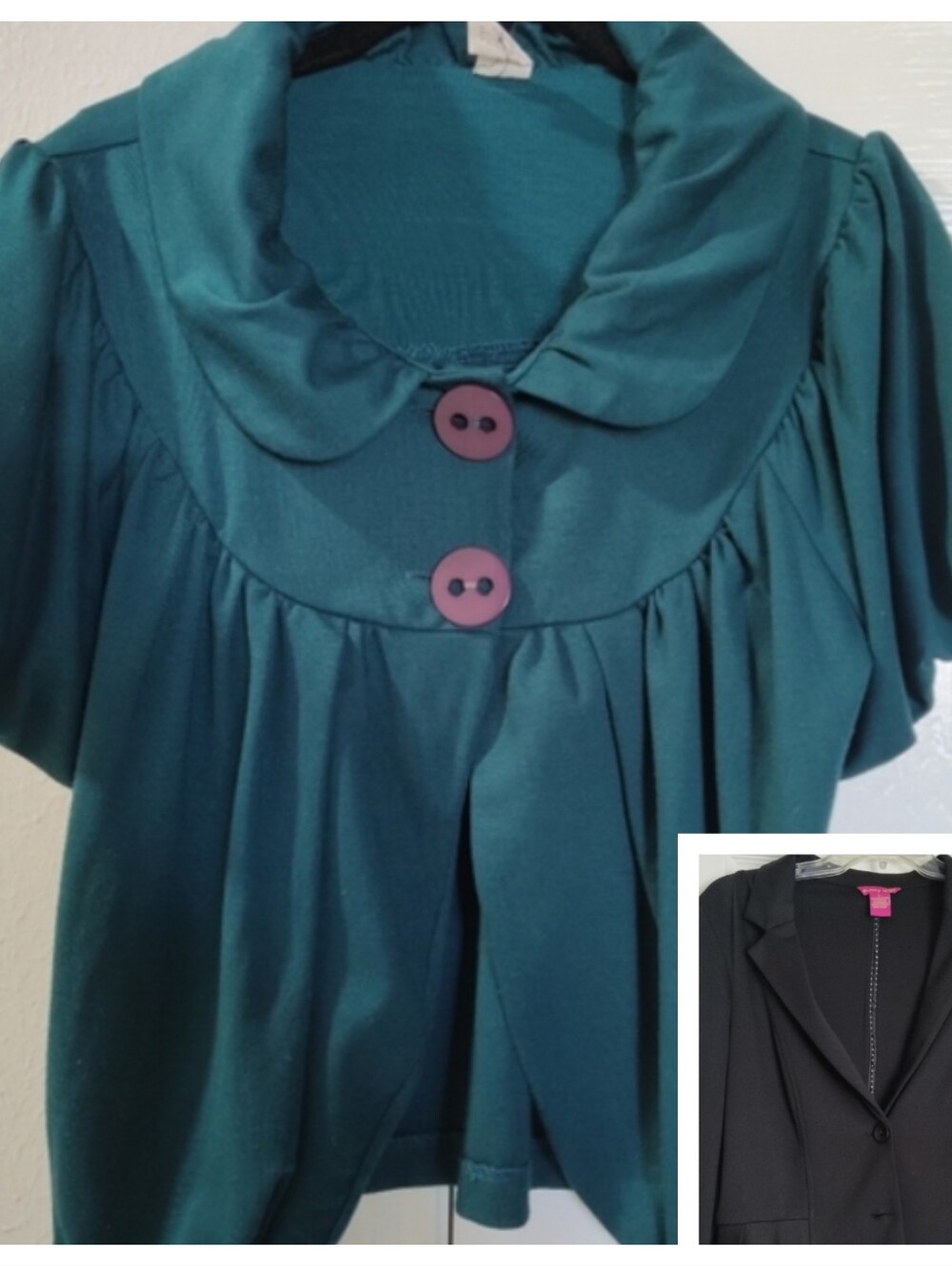 2 Women's Jackets Size Large Solid Teal & Black Knit Collared Top Stretch
